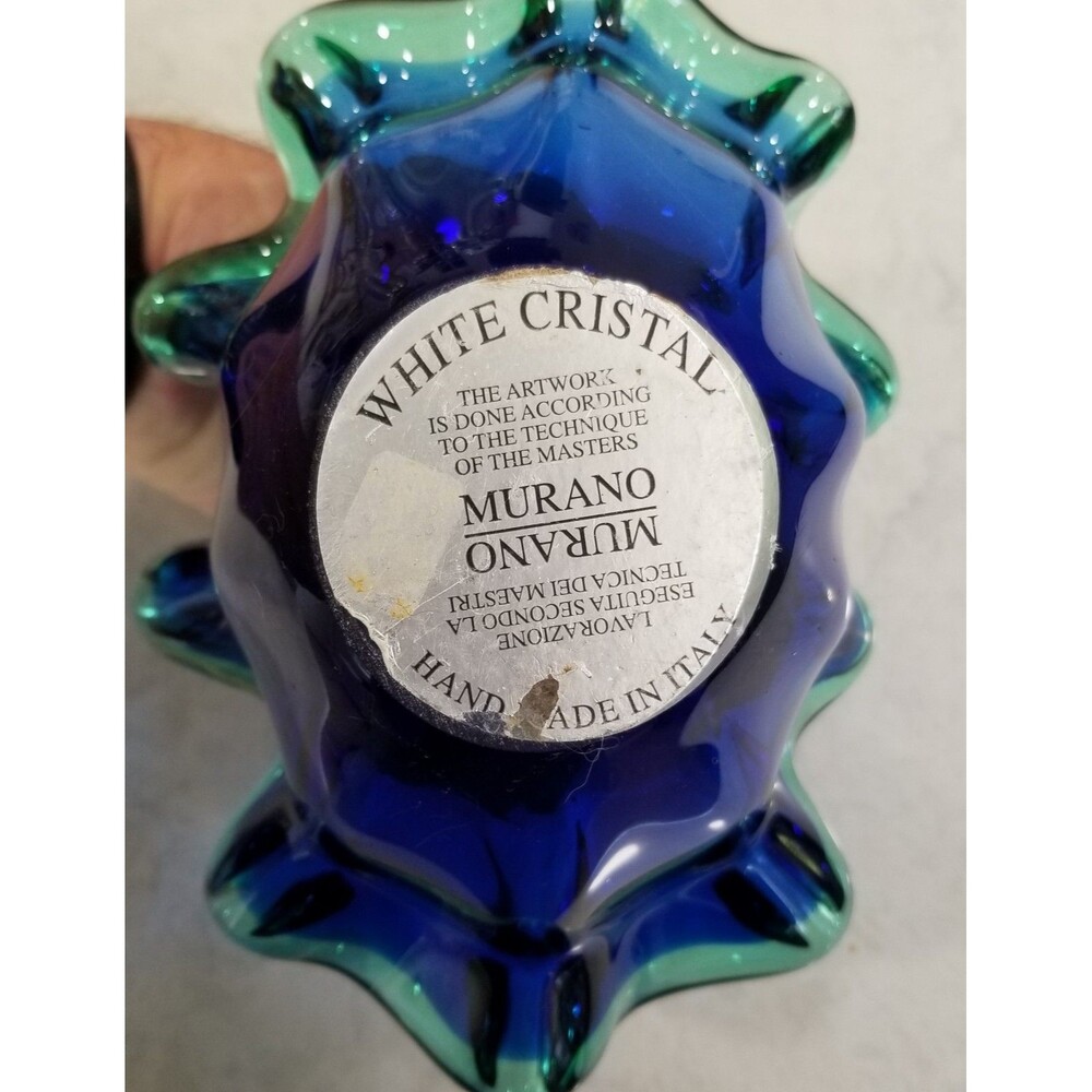 White Cristal blue Murano glass basket bowl with blue green edge vintage - Picture 8 of 9